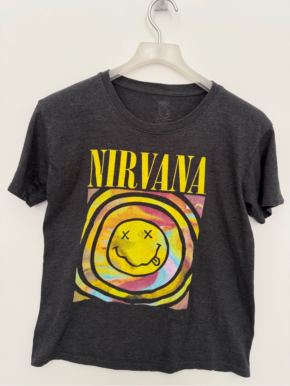 NIRVANA Charcoal Black Crewneck Tee with Faded Smiley. Size small